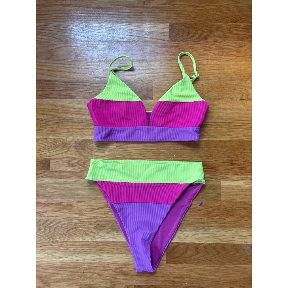 Beach Riot Colorblock Ribbed Bikini Set Neon Pink Green Purple High Waisted M